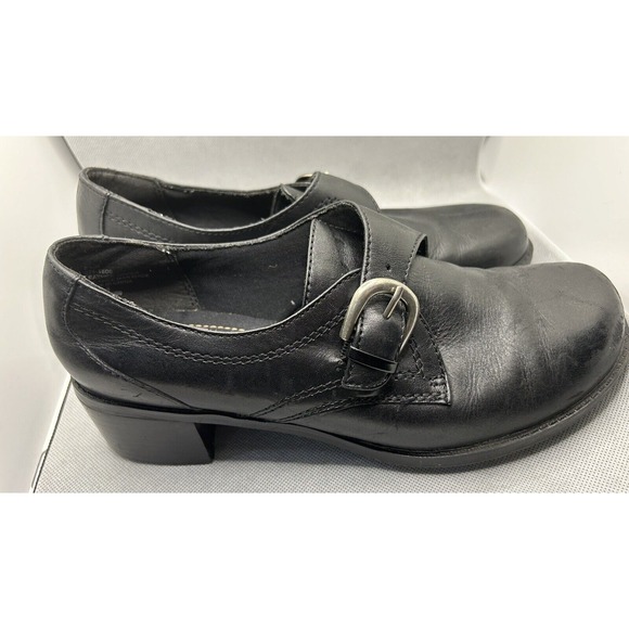 Vintage Black Leather Loafers Womens 8.5‎ Platform Chucky Heel 90s Y2K Buckle